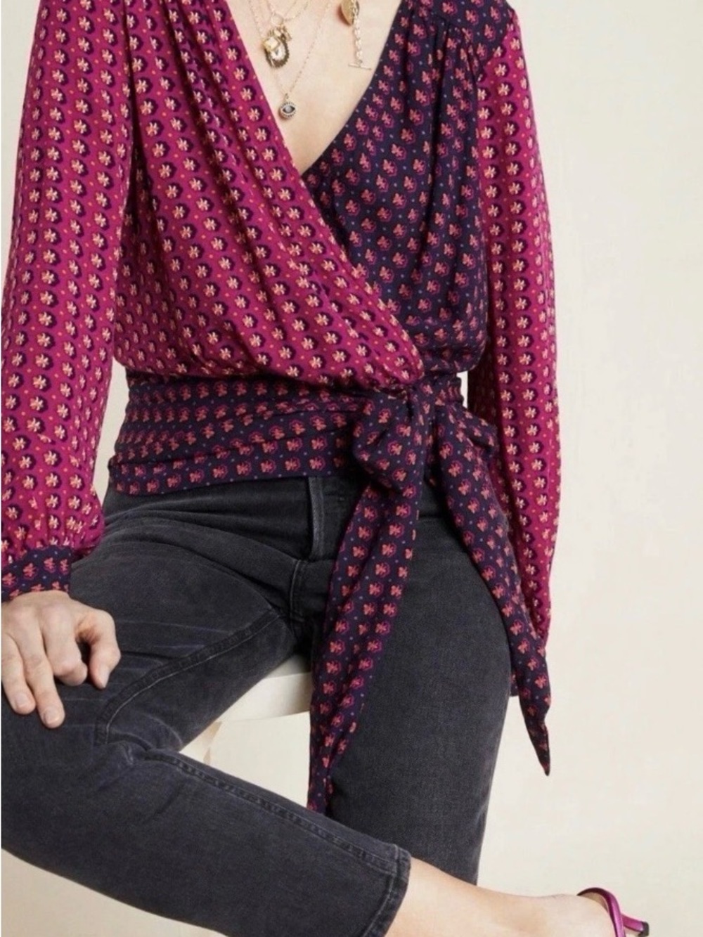 Anthropologie Maeve Lisa Puff Sleeve Faux Wrap Blouse - Picture 3 of 16